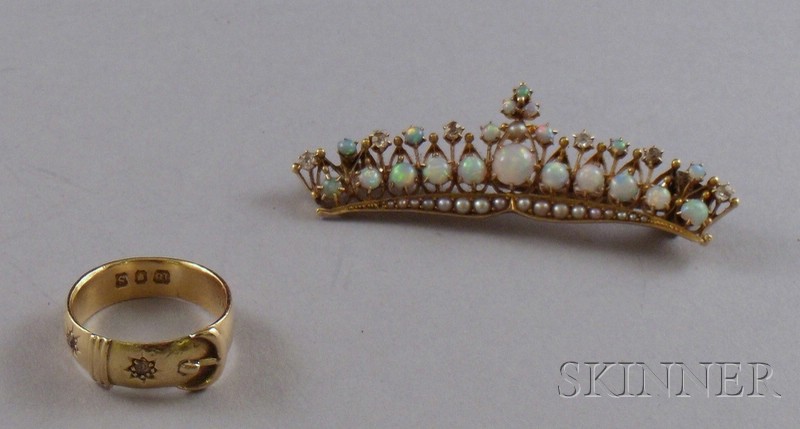 Appraisal: English kt Gold Opal Seed Pearl and Diamond Brooch and