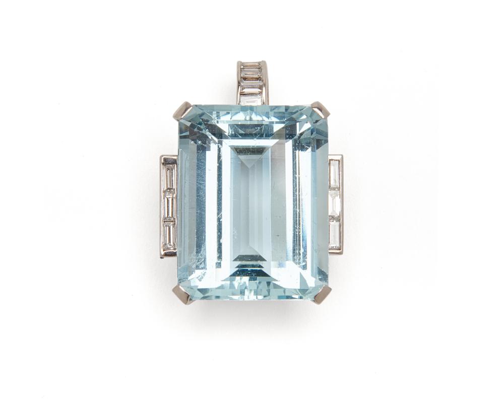 Appraisal: K White Gold Aquamarine and Diamond Pendant Brooch centering an