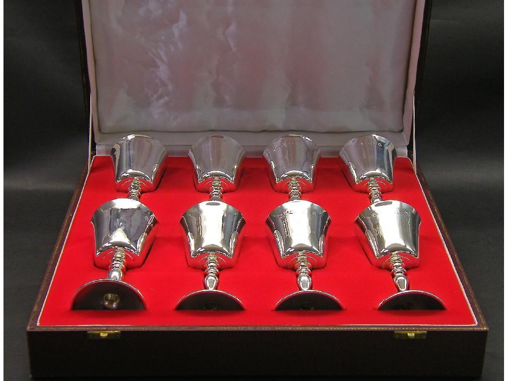 Appraisal: Impressive cased set of eight silver goblets with gilded interiors