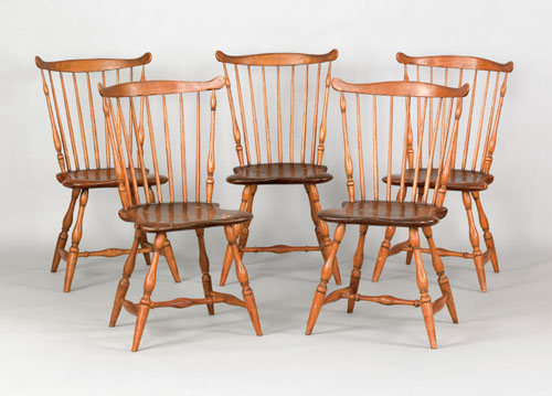 Appraisal: Set of five Pennsylvania fanback windsor side chairs ca stamped