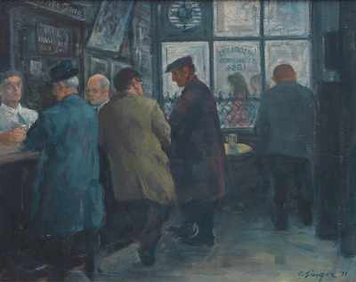 Appraisal: Clyde J Singer American - McSorley's Customers Oil on canvasboard