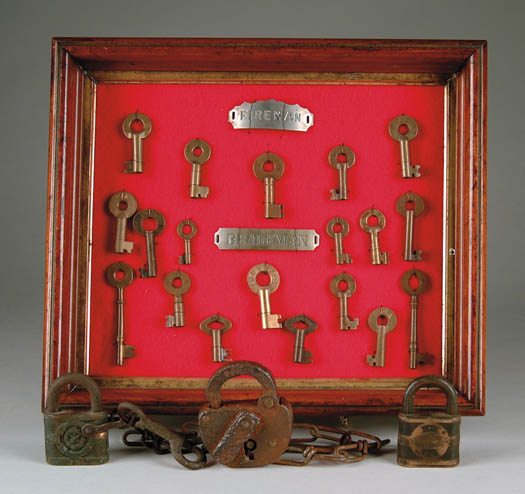 Appraisal: LOT OF RAILROAD PADLOCKS TWENTY-TWO KEYS AND THREE BADGES Most