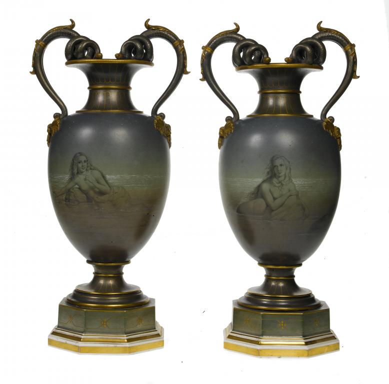 Appraisal: A PAIR OF BERLIN VASES with bronze green and tooled