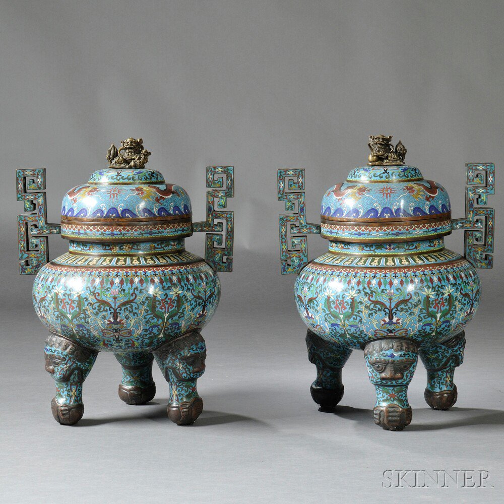 Appraisal: Pair of Cloisonne Tripod Censers China th century well rounded