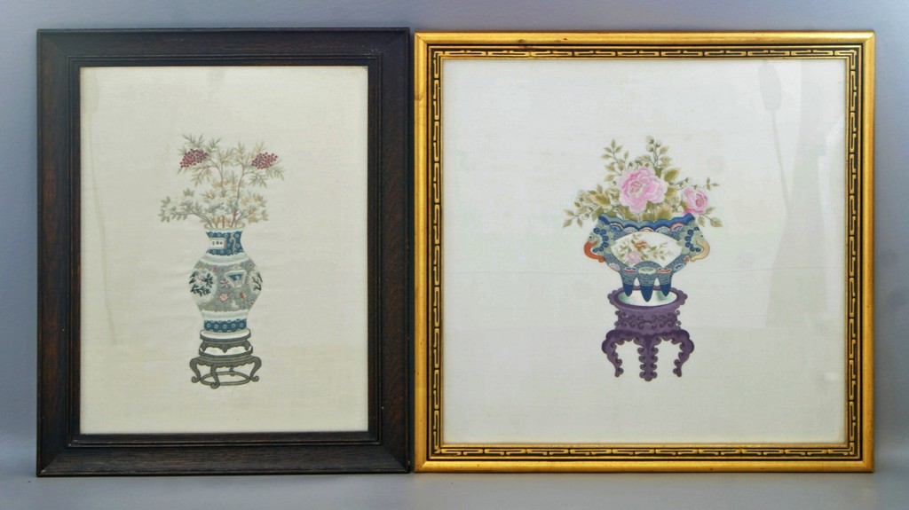 Appraisal: Chinese Early Embroideries both depicting vases with flowers sight size