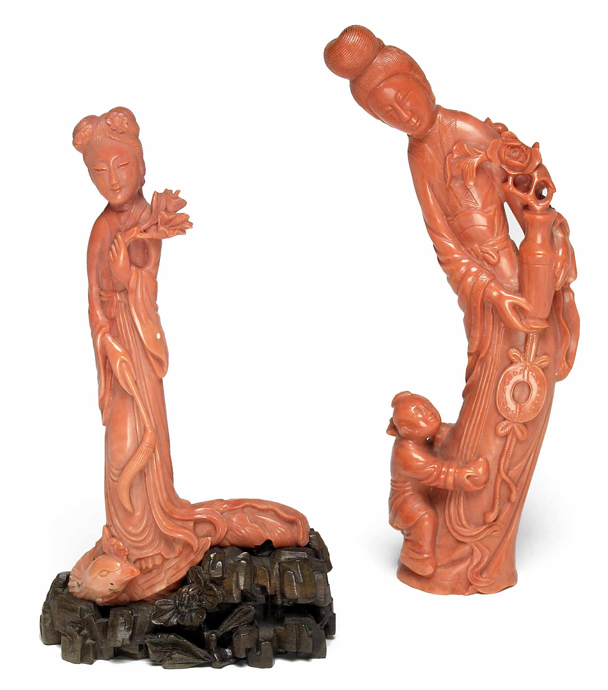 Appraisal: A group of two Chinese carved coral figures of maidens