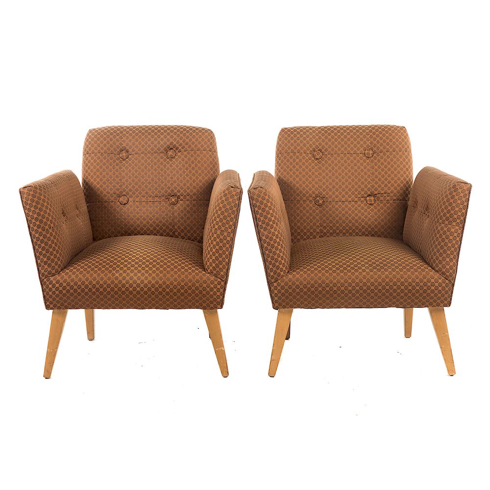 Appraisal: Pair Mid-Century Modern Upholstered Armchairs mid- th century button upholstered