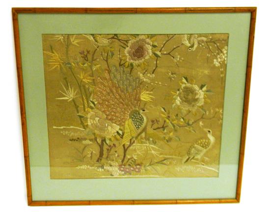 Appraisal: ASIAN Probably Chinese embroidery on silk depicting peacocks song birds