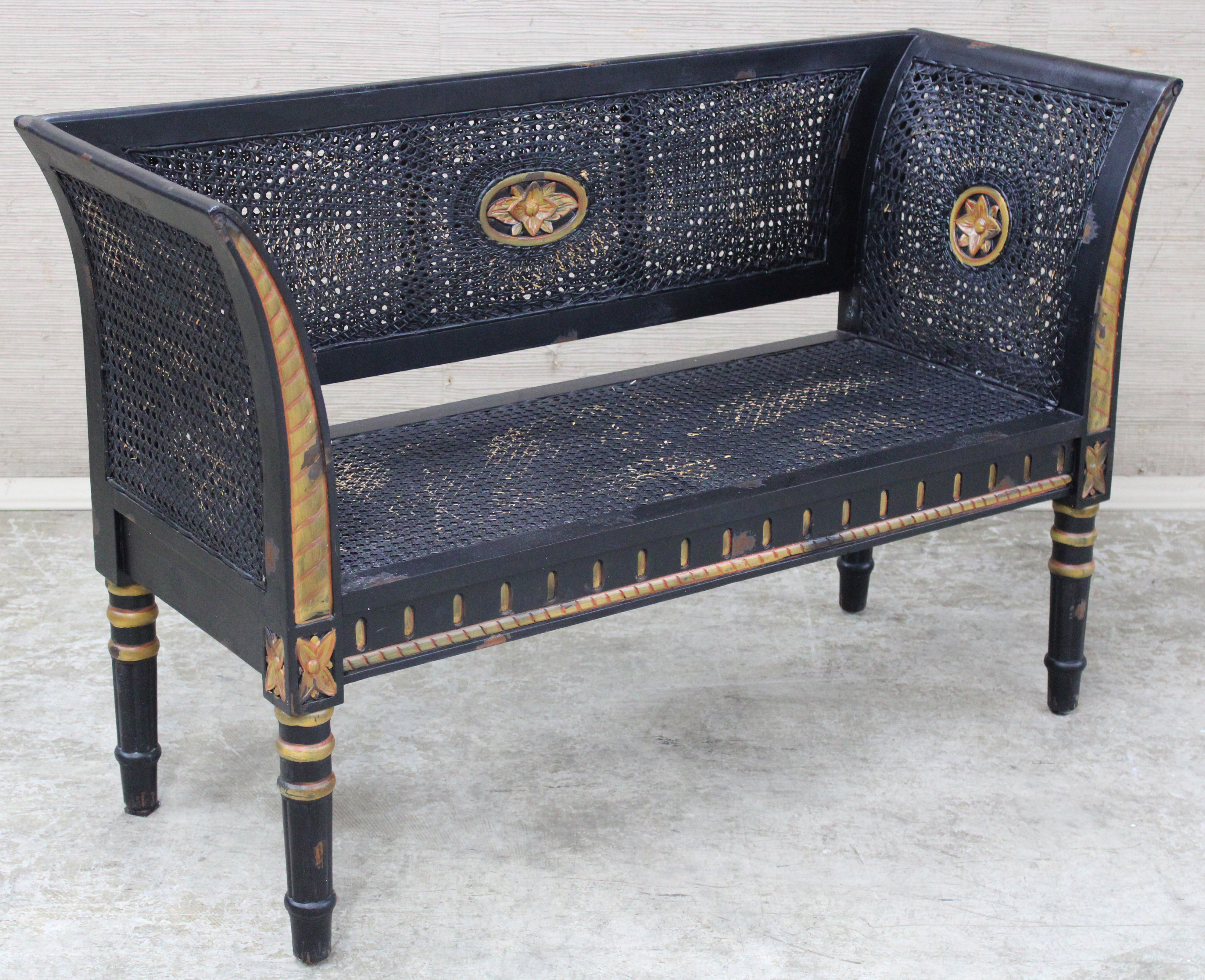 Appraisal: LOUIS XVI STYLE CANED SETTEE Painted French Louis XVI style