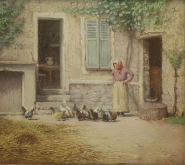 Appraisal: MILLET Francois Pastel of Woman Feeding ChickensSigned 'Millet fils' lower