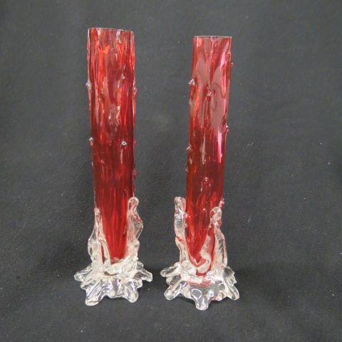 Appraisal: Pair of Cranberry Art Glass Vases leaf twig design clear