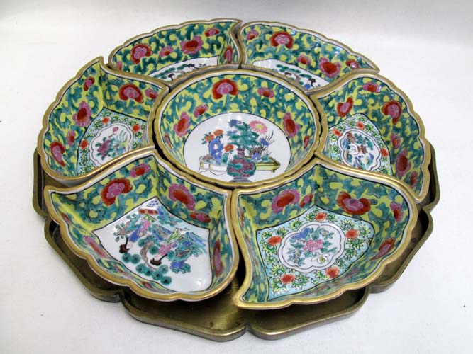 Appraisal: CHINESE PORCELAIN SECTIONED CONDIMENT SERVER with brass tray pieces Qing