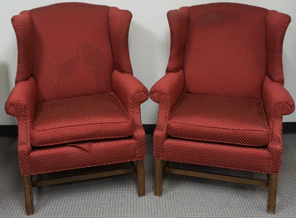 Appraisal: PAIR CHIPPENDALE STYLE RED UPHOLSTERED WING-BACK ARMCHAIRSPair Chippendale Style Red