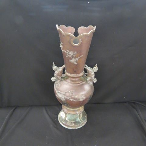 Appraisal: Oriental Bronze Floor Vase foo dog handles birds foliage decor