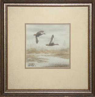 Appraisal: Watercolor titled Through the Marsh with black ducks Signed by