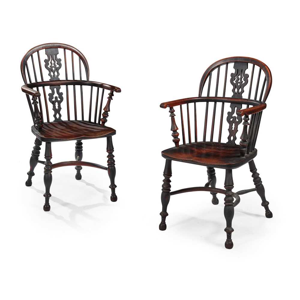 Appraisal: PAIR OF YEW AND ELM LOW WINDSOR ARMCHAIRS LATE TH