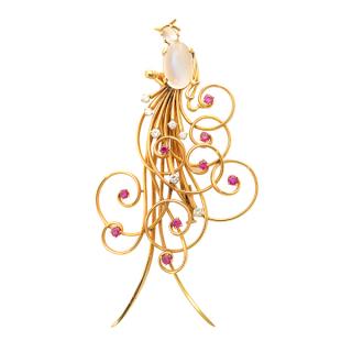 Appraisal: French Moonstone Diamond Ruby k Yellow Gold Peacock Brooch Designed