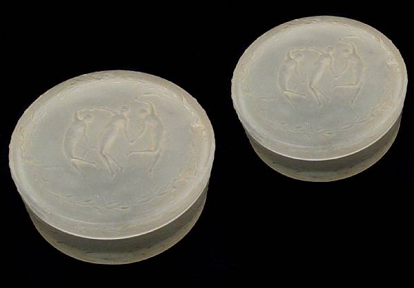 Appraisal: Two Ren Lalique frosted and molded glass circular boxes Marcilhac