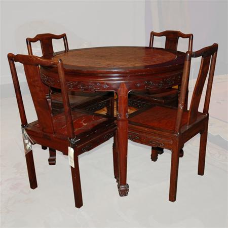 Appraisal: Chinese Burl and Hardwood Circular Dining Table with Four Chairs