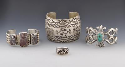 Appraisal: Three Native American Silver Bracelets and a Scandinavian Design Ring