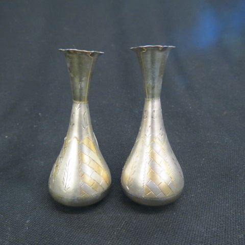 Appraisal: Pair of Sterling Silver Bud Vases elaborate gold brushed designs