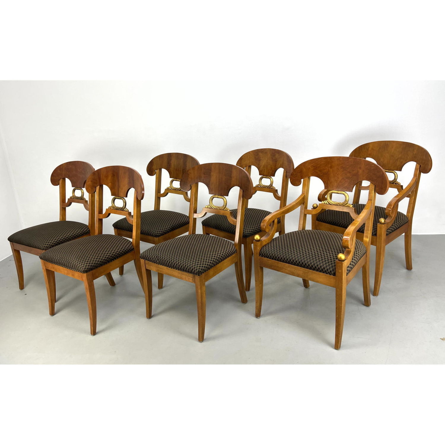 Appraisal: Set Empire Dining Chairs Shaped Back Rests with gilt carved