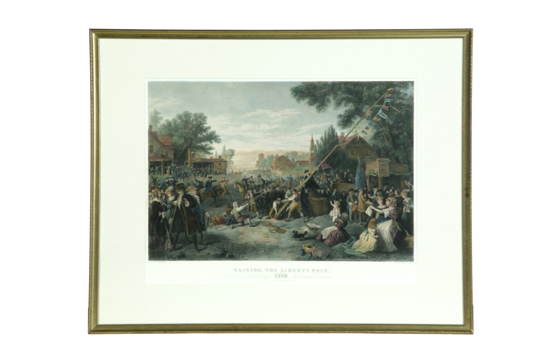 Appraisal: RAISING THE LIBERTY POLE PRINT Hand colored mezzotint on paper