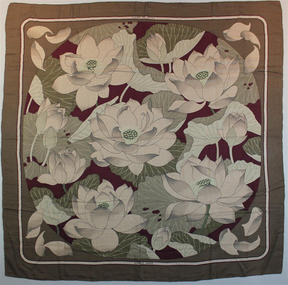 Appraisal: HERMES CASHMERE SILK SCARF FLEURS DE LOTUS designed by Christian