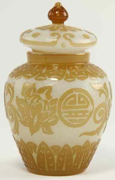 Appraisal: Peking Glass Jar with Covermustard yellow cased glass carved to