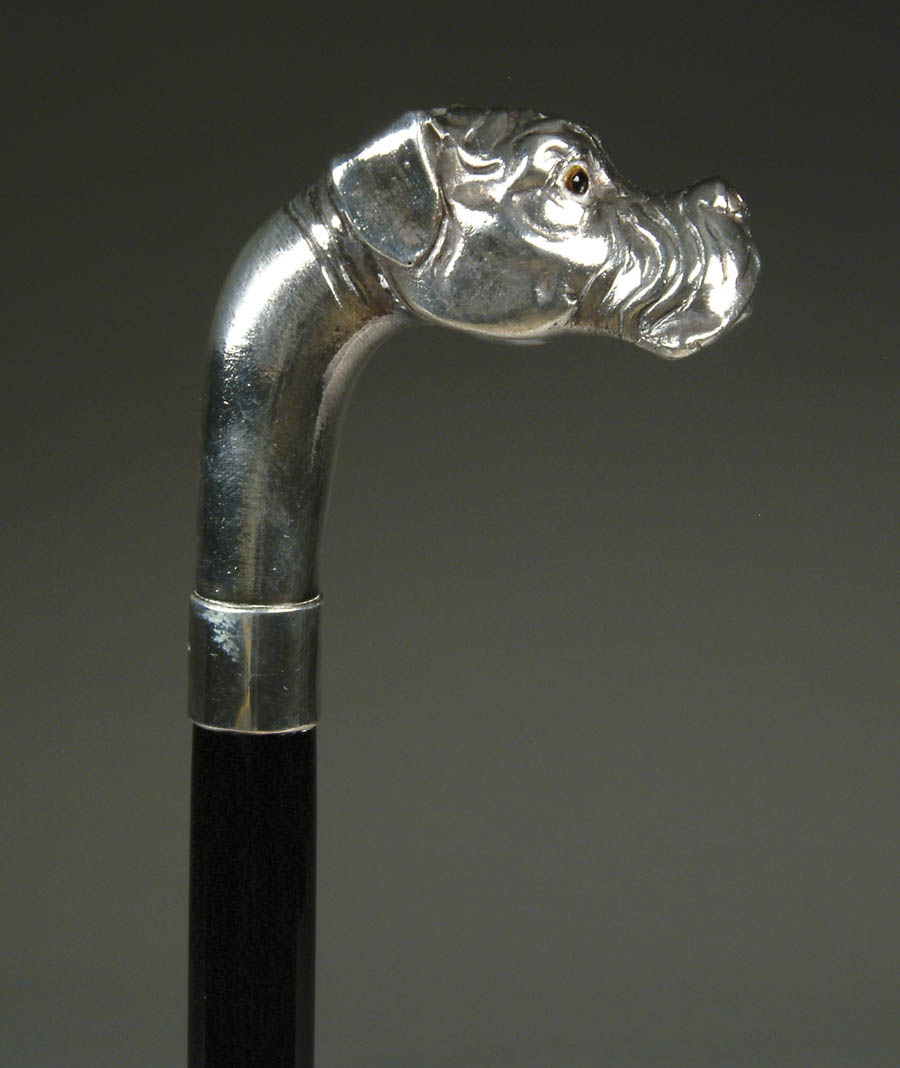 Appraisal: STERLING SILVER ENGLISH BULLDOG HEAD CANE L-shaped handle has a