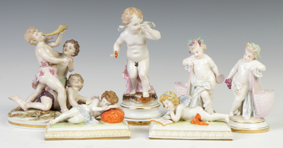 Appraisal: Group of German Hand Painted Porcelain Cherubs th cent L