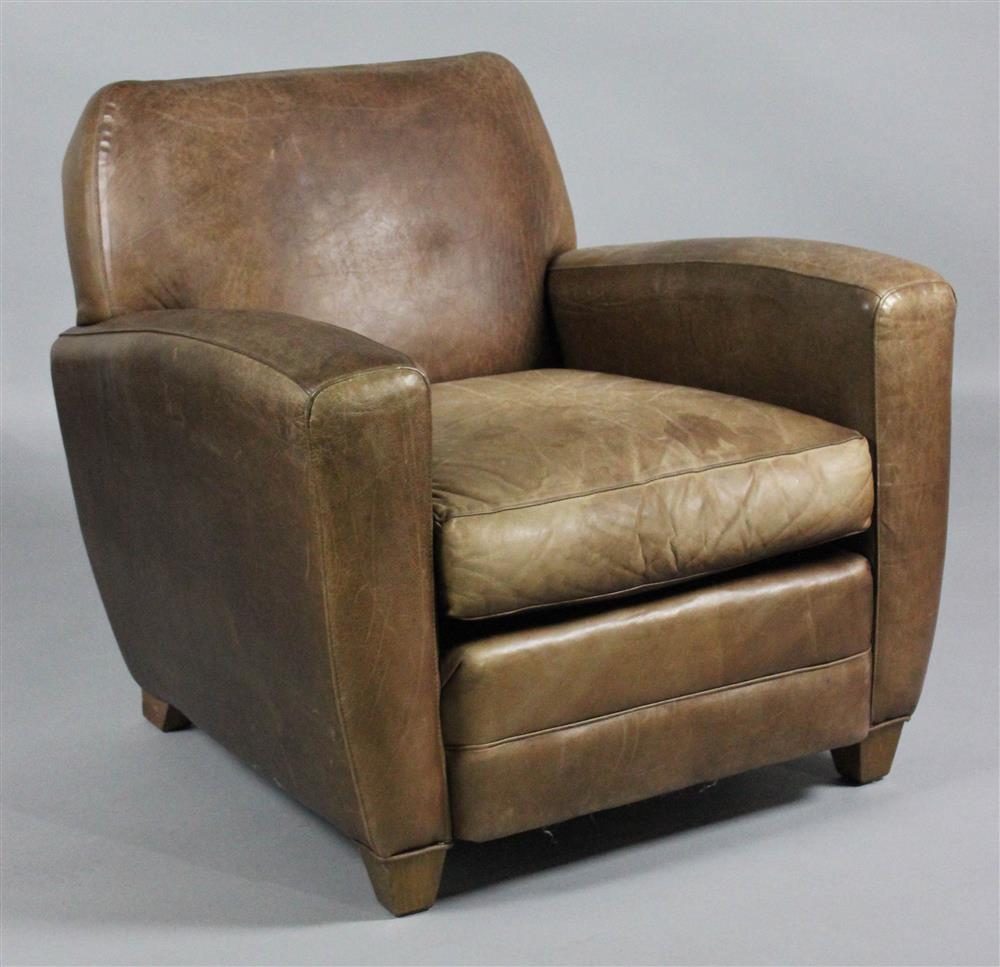 Appraisal: DISTRESSED CHOCOLATE BROWN LEATHER CLUB CHAIR tight square back cushion