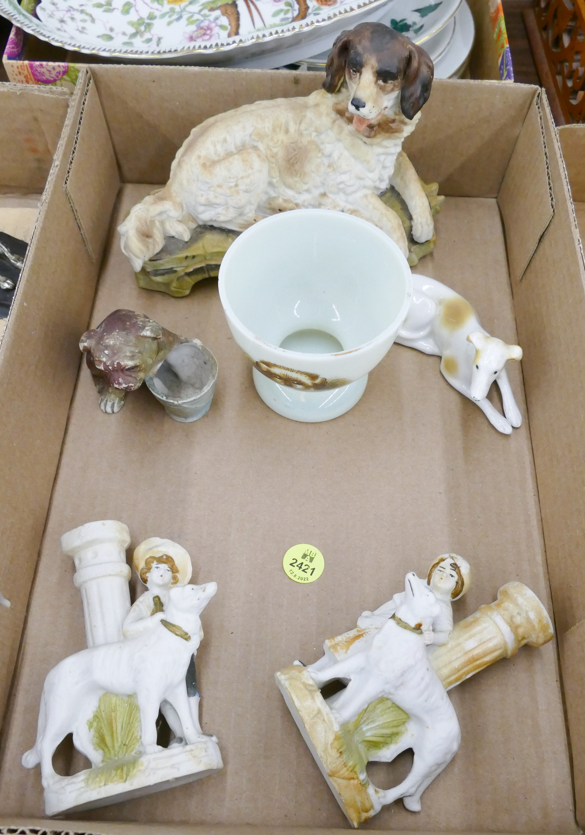 Appraisal: Box Antique Bisque Dog Figures Etc