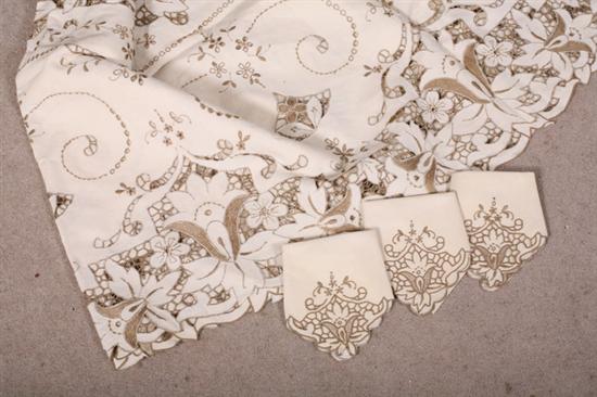 Appraisal: ECRU LINEN CUT-WORK AND EMBROIDERED TABLECLOTH WITH TWELVE NAPKINS Gold