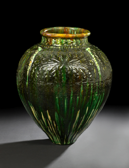 Appraisal: Monumental French Provincial Green and Brown Drip-Glazed Pottery Storage Jar