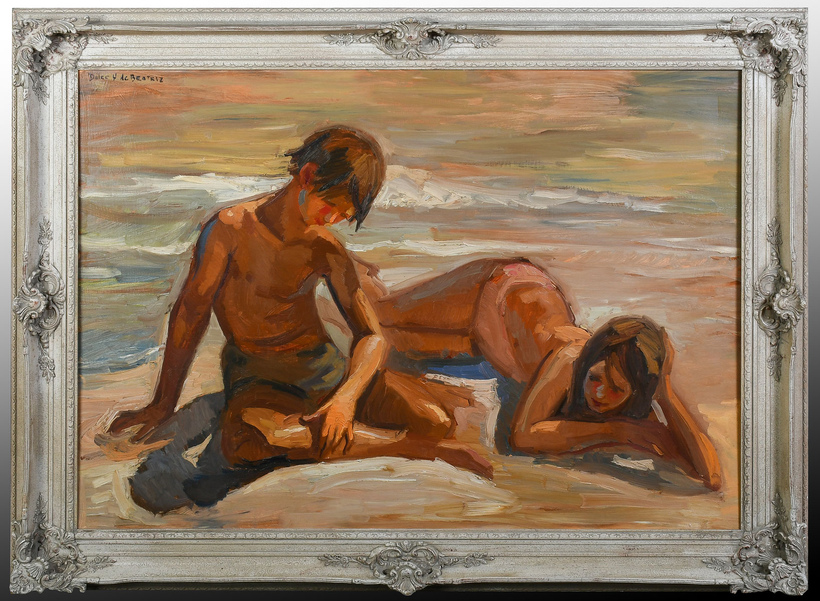 Appraisal: BEATRIZ Dulce Cuban b Beach Scene with Children Playing Oil