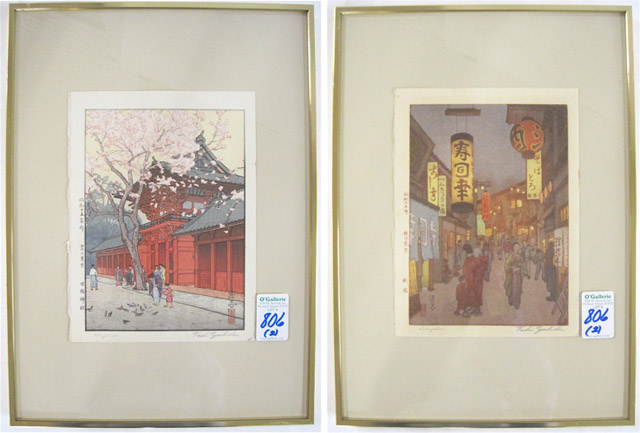 Appraisal: TOSHI YOSHIDA TWO COLOR WOODCUTS Japan - Two street scenes