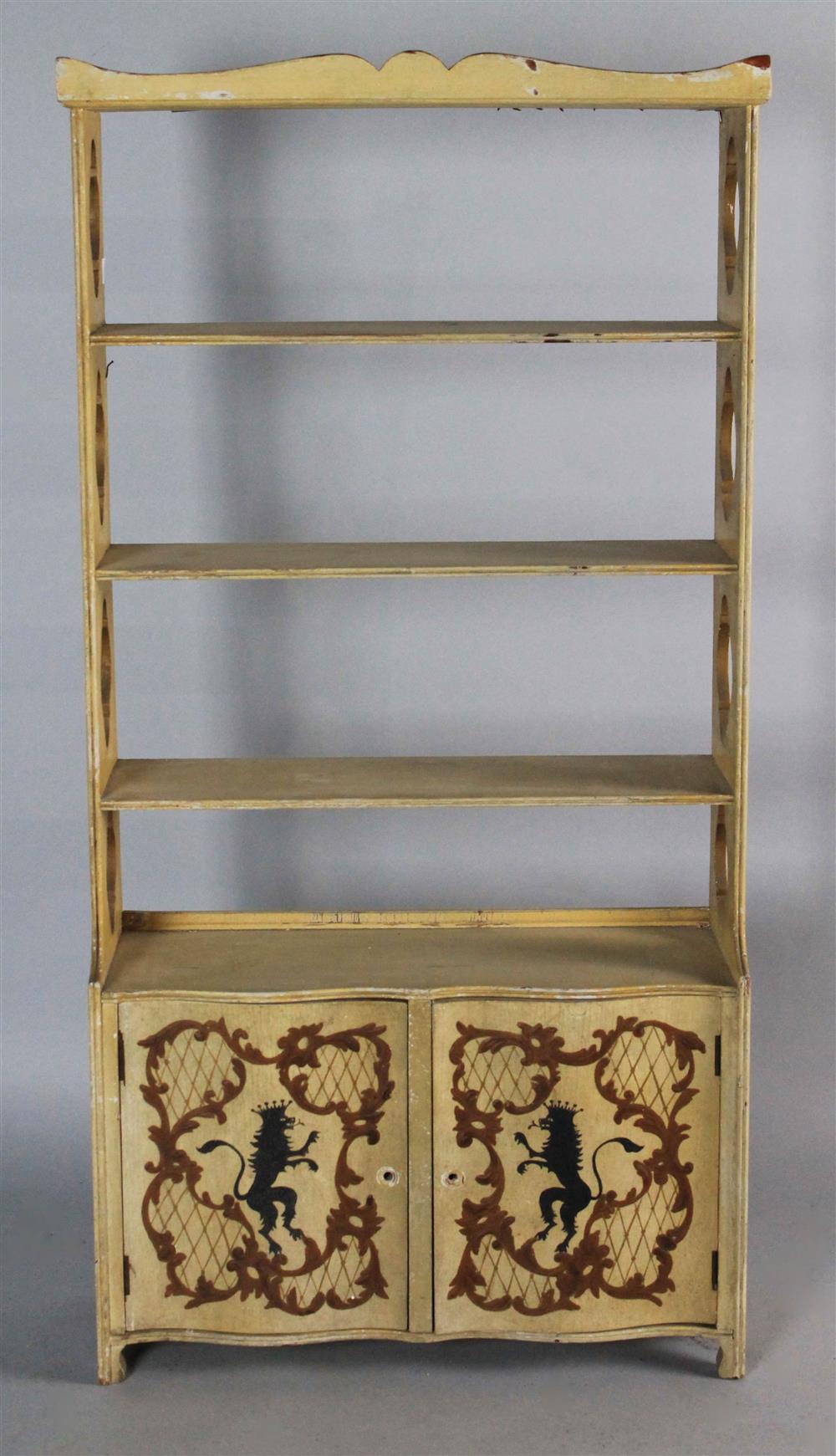 Appraisal: FAUX PAINTED PIERCED FOUR SHELF BOOKSHELF AND CUPBOARD BELOW with