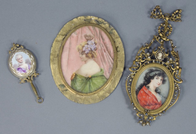 Appraisal: Three Hand-Painted Miniature Portraits of LadiesIncluding young lady in green