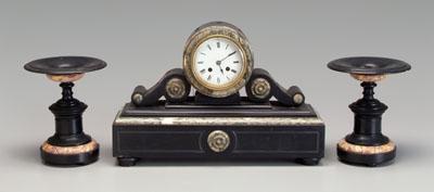 Appraisal: Slate and marble shelf clock circular clock housing flanked by