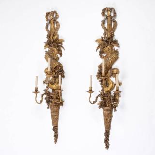 Appraisal: Huge pair Louis XVI style carved giltwood sconces th c