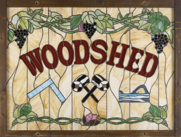 Appraisal: STAINED GLASS WINDOW With the word Woodshed surrounded by grape