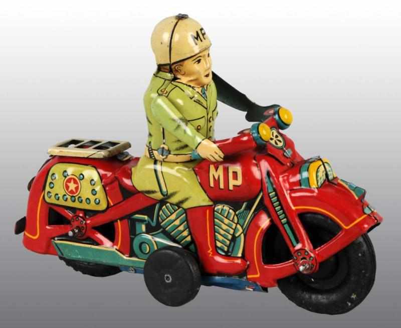 Appraisal: Tin MP Motorcycle Friction Toy Description Japanese Working Made by