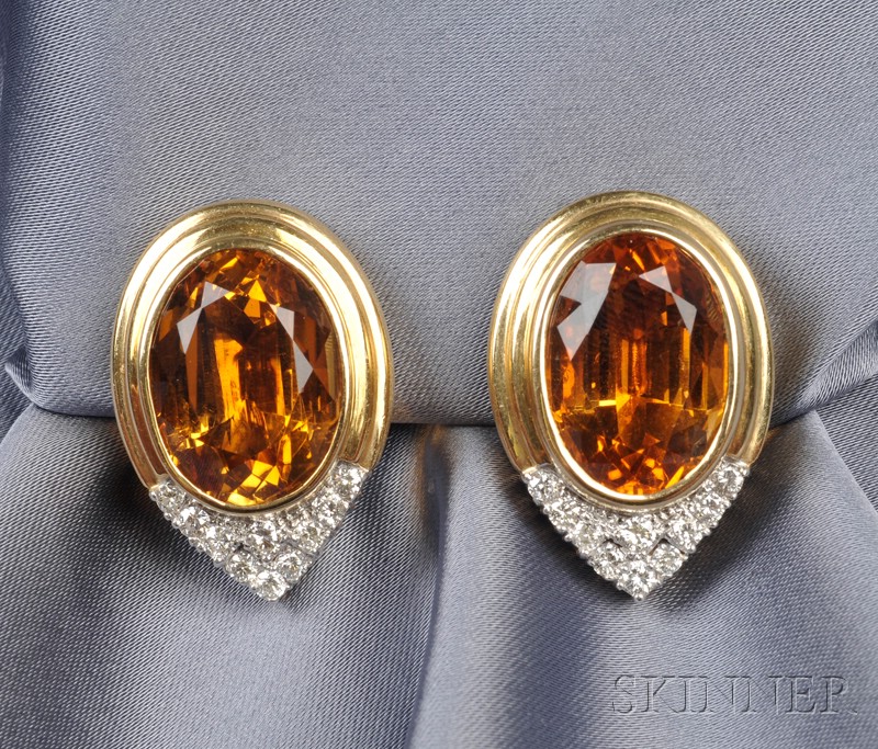 Appraisal: kt Gold Citrine and Diamond Earclips bezel-set with oval faceted