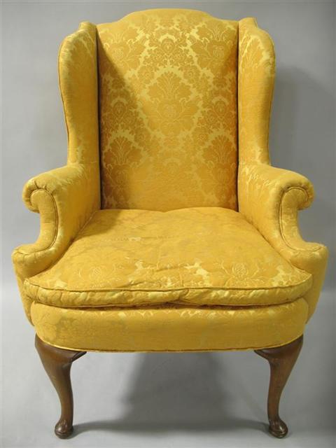 Appraisal: QUEEN ANNE STYLE GOLD UPHOLSTERED WING CHAIR th century the