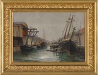 Appraisal: JENS SINDING CHRISTIANSEN Danish - BOATS AT DOCK Oil on