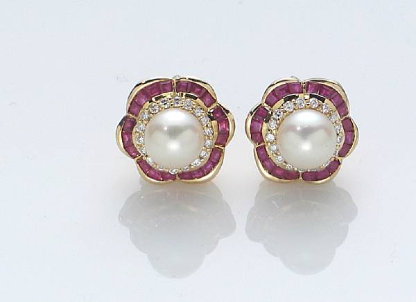 Appraisal: A pair of ruby diamond cultured pearl and k gold