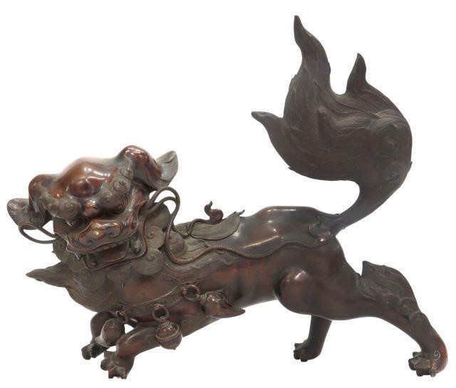 Appraisal: Japanese patinated bronze koro censer modeled as a shishi lion-dog