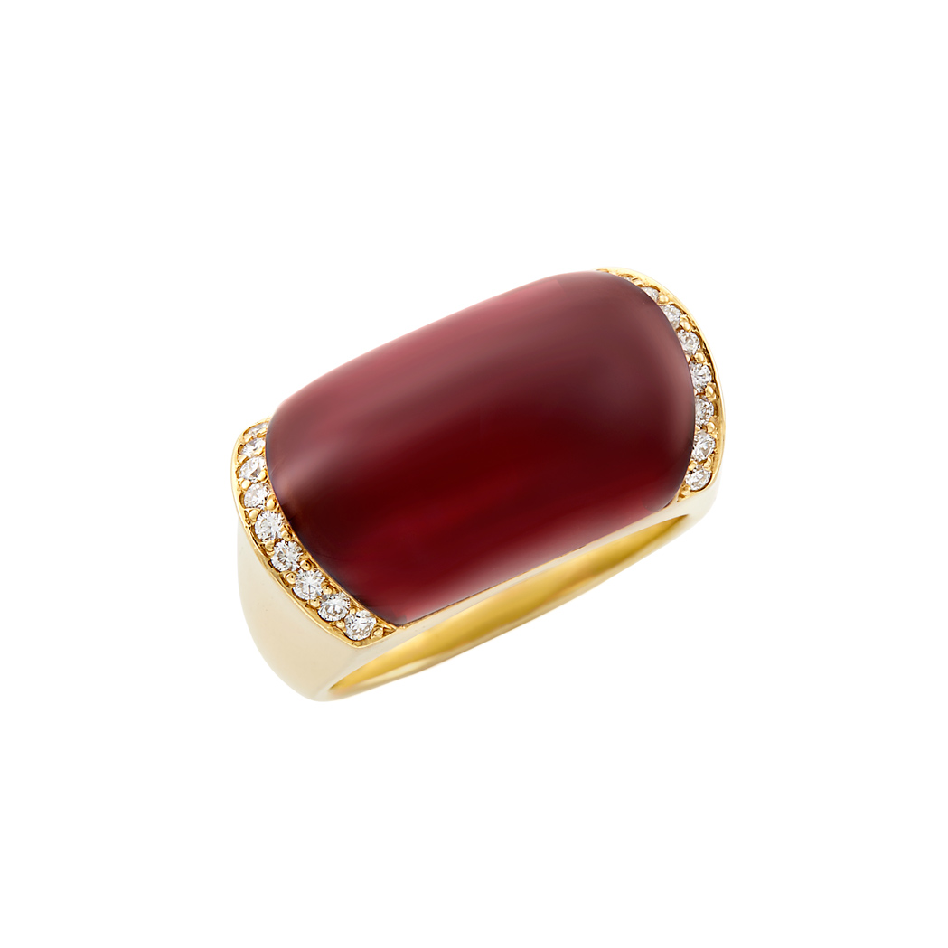 Appraisal: Gold Cabochon Garnet and Diamond Ring kt one rounded rectangular-shaped