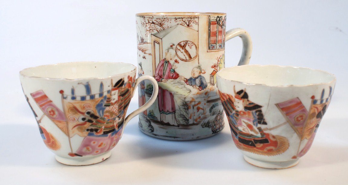 Appraisal: A Cantonese porcelain ale tankard polychrome decorated with various scholars